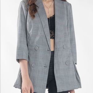 Multi Grey Plaid 3/4 Sleeve Blazer Jacket